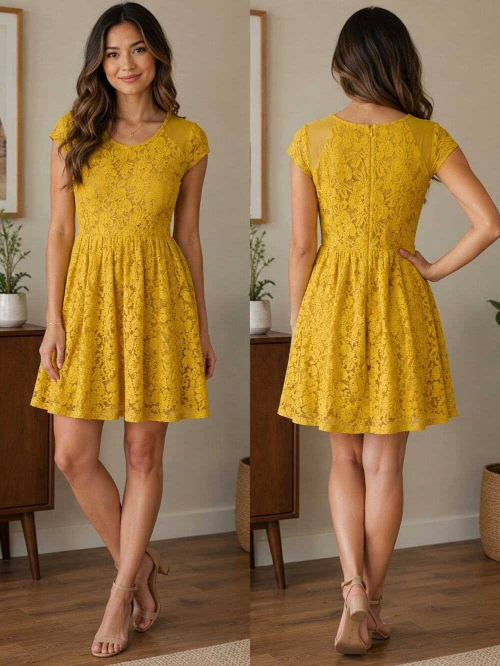 Coincidence & Chance Lace Mustard Yellow Fit & Flare Dress Size Small